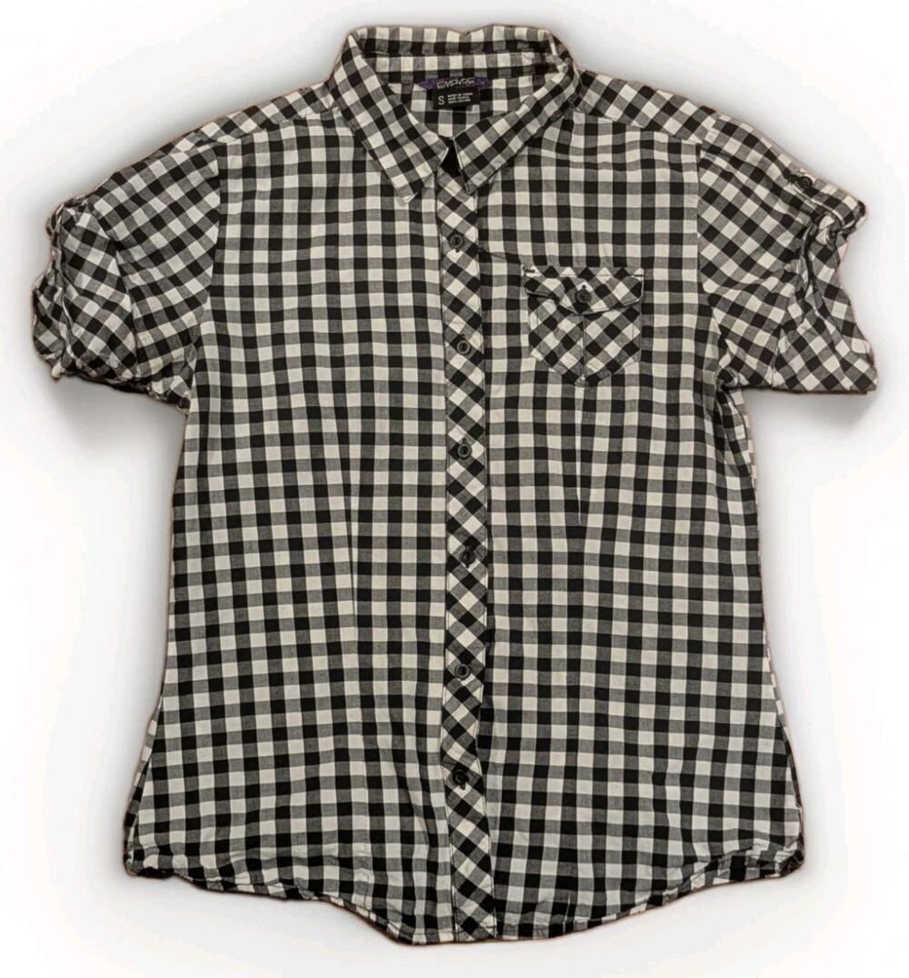 Y2K Empyre Womens S Black White Gingham Button Up Shirt Grunge Emo Cotton